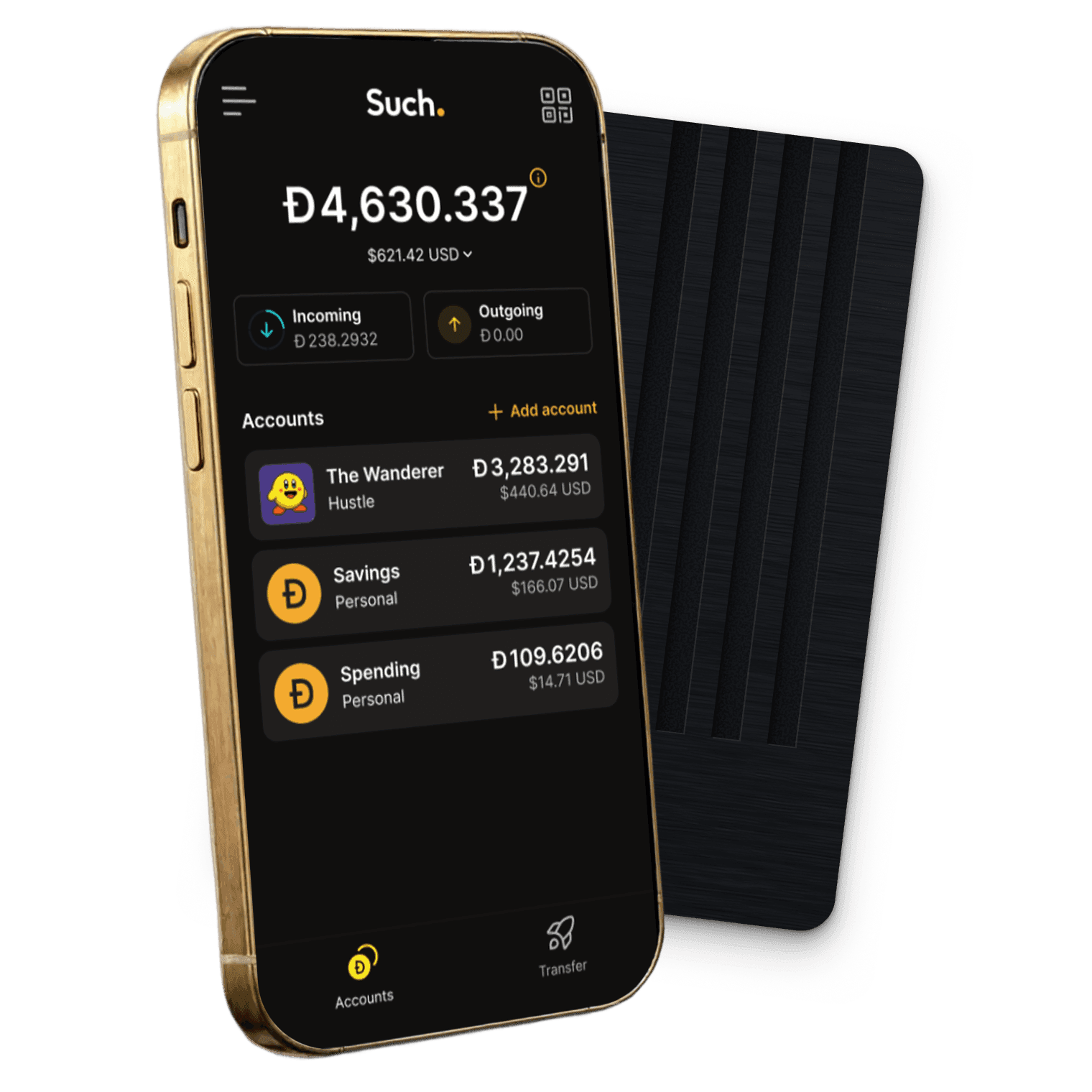 Self-custodial Dogecoin wallet app screen with layered cards
