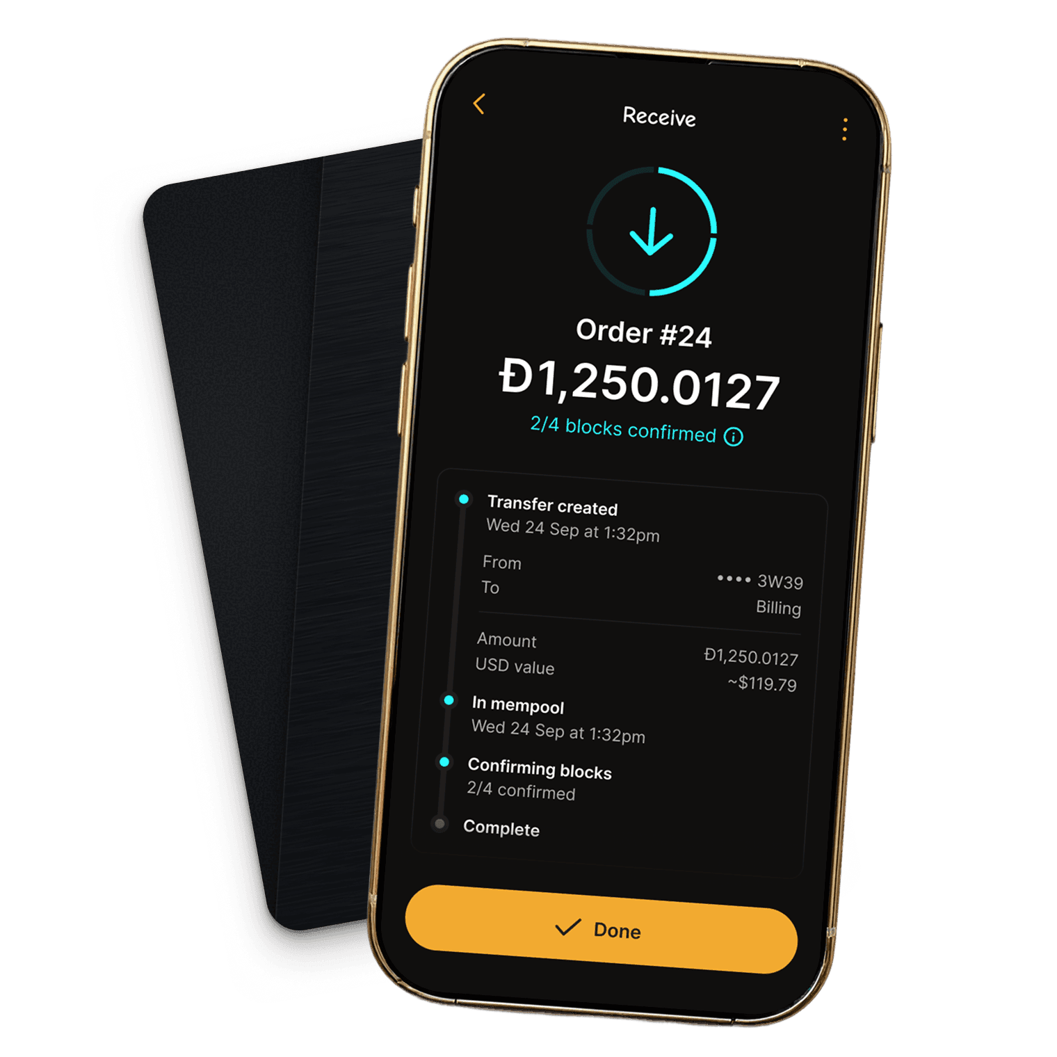 Dogecoin transaction activity screen with stacked cards